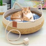 Cama cesto de palha redondo com almofada para cachorro ou gato